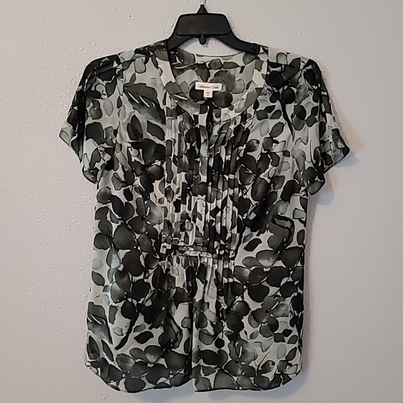 Coldwater Creek Olive Green Leaf Design Sheer Blouse ~Lined Sz Med 100% Poly - Picture 1 of 6